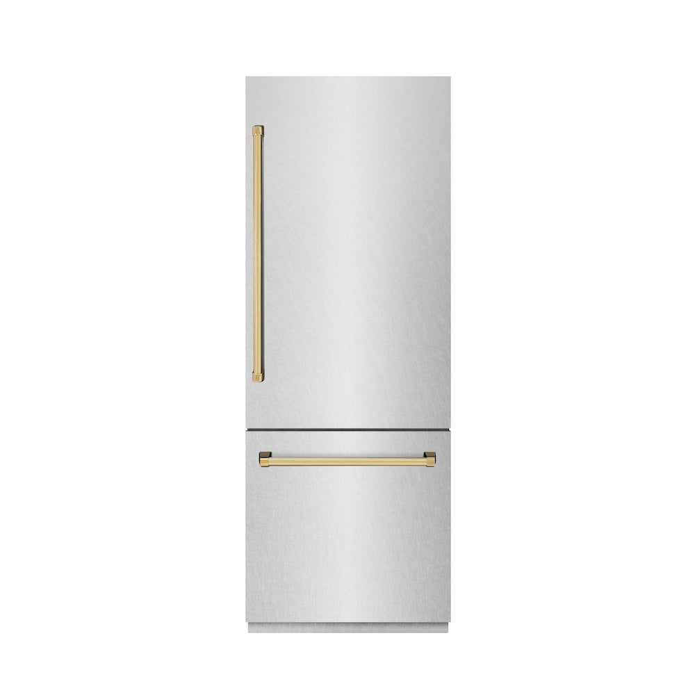 ZLINE Autograph Edition 30 in. 16.1 cu. ft. Built-In Bottom Freezer Refrigerator with Water Dispenser and Ice Maker in DuraSnow® Stainless Steel with Graphite Gray Interior and Polished Gold Accents (GRBIVZ-SN-30-G) - (GRBIVZSN30G) -