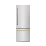 ZLINE Autograph Edition 30 in. 16.1 cu. ft. Built-In Bottom Freezer Refrigerator with Water Dispenser and Ice Maker in DuraSnow® Stainless Steel with Graphite Gray Interior and Polished Gold Accents (GRBIVZ-SN-30-G) - (GRBIVZSN30G) -