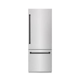 ZLINE Autograph Edition 30 in. 16.1 cu. ft. Built-In Bottom Freezer Refrigerator with Water Dispenser and Ice Maker in DuraSnow® Stainless Steel with Graphite Gray Interior and Matte Black Accents (GRBIVZ-SN-30-MB) - (GRBIVZSN30MB) -