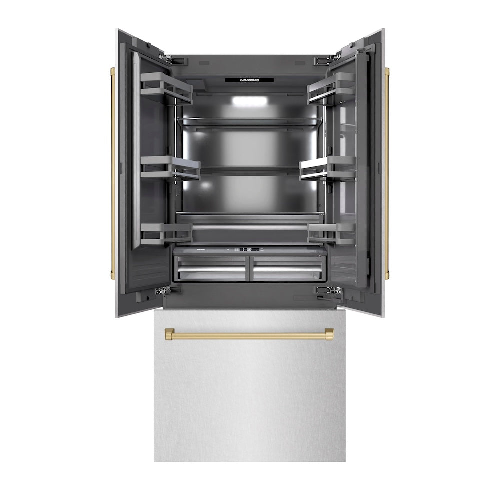 ZLINE Autograph Edition 36 in. 19.6 cu. ft. French Door Built-In Bottom Freezer Refrigerator with Water Dispenser and Ice Maker in DuraSnow® Stainless Steel with Graphite Gray Interior and Champagne Bronze Accents (GRBIVZ-SN-36-CB) - (GRBIVZSN36CB) -