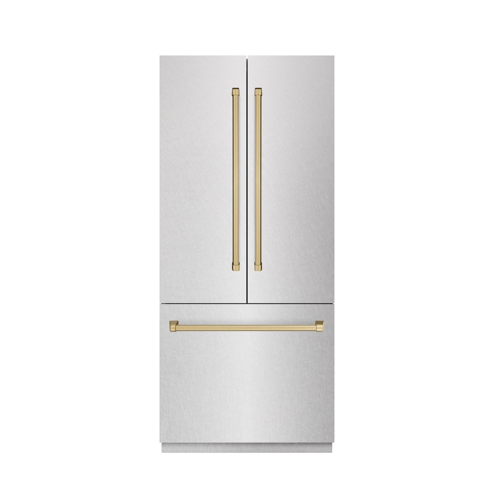 ZLINE Autograph Edition 36 in. 19.6 cu. ft. French Door Built-In Bottom Freezer Refrigerator with Water Dispenser and Ice Maker in DuraSnow® Stainless Steel with Graphite Gray Interior and Champagne Bronze Accents (GRBIVZ-SN-36-CB) - (GRBIVZSN36CB) -