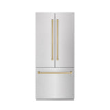 ZLINE Autograph Edition 36 in. 19.6 cu. ft. French Door Built-In Bottom Freezer Refrigerator with Water Dispenser and Ice Maker in DuraSnow® Stainless Steel with Graphite Gray Interior and Champagne Bronze Accents (GRBIVZ-SN-36-CB) - (GRBIVZSN36CB) -