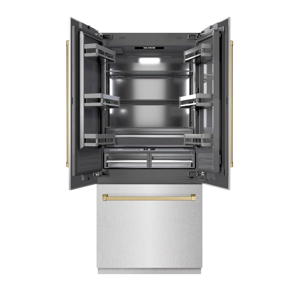 ZLINE Autograph Edition 36 in. 19.6 cu. ft. French Door Built-In Bottom Freezer Refrigerator with Water Dispenser and Ice Maker in DuraSnow® Stainless Steel with Graphite Gray Interior and Champagne Bronze Accents (GRBIVZ-SN-36-CB) - (GRBIVZSN36CB) -
