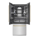 ZLINE Autograph Edition 36 in. 19.6 cu. ft. French Door Built-In Bottom Freezer Refrigerator with Water Dispenser and Ice Maker in DuraSnow® Stainless Steel with Graphite Gray Interior and Champagne Bronze Accents (GRBIVZ-SN-36-CB) - (GRBIVZSN36CB) -