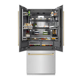 ZLINE Autograph Edition 36 in. 19.6 cu. ft. French Door Built-In Bottom Freezer Refrigerator with Water Dispenser and Ice Maker in DuraSnow® Stainless Steel with Graphite Gray Interior and Champagne Bronze Accents (GRBIVZ-SN-36-CB) - (GRBIVZSN36CB) -