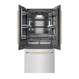 ZLINE Autograph Edition 36 in. 19.6 cu. ft. French Door Built-In Bottom Freezer Refrigerator with Water Dispenser and Ice Maker in DuraSnow® Stainless Steel with Graphite Gray Interior and Polished Gold Accents (GRBIVZ-SN-36-G) - (GRBIVZSN36G) -