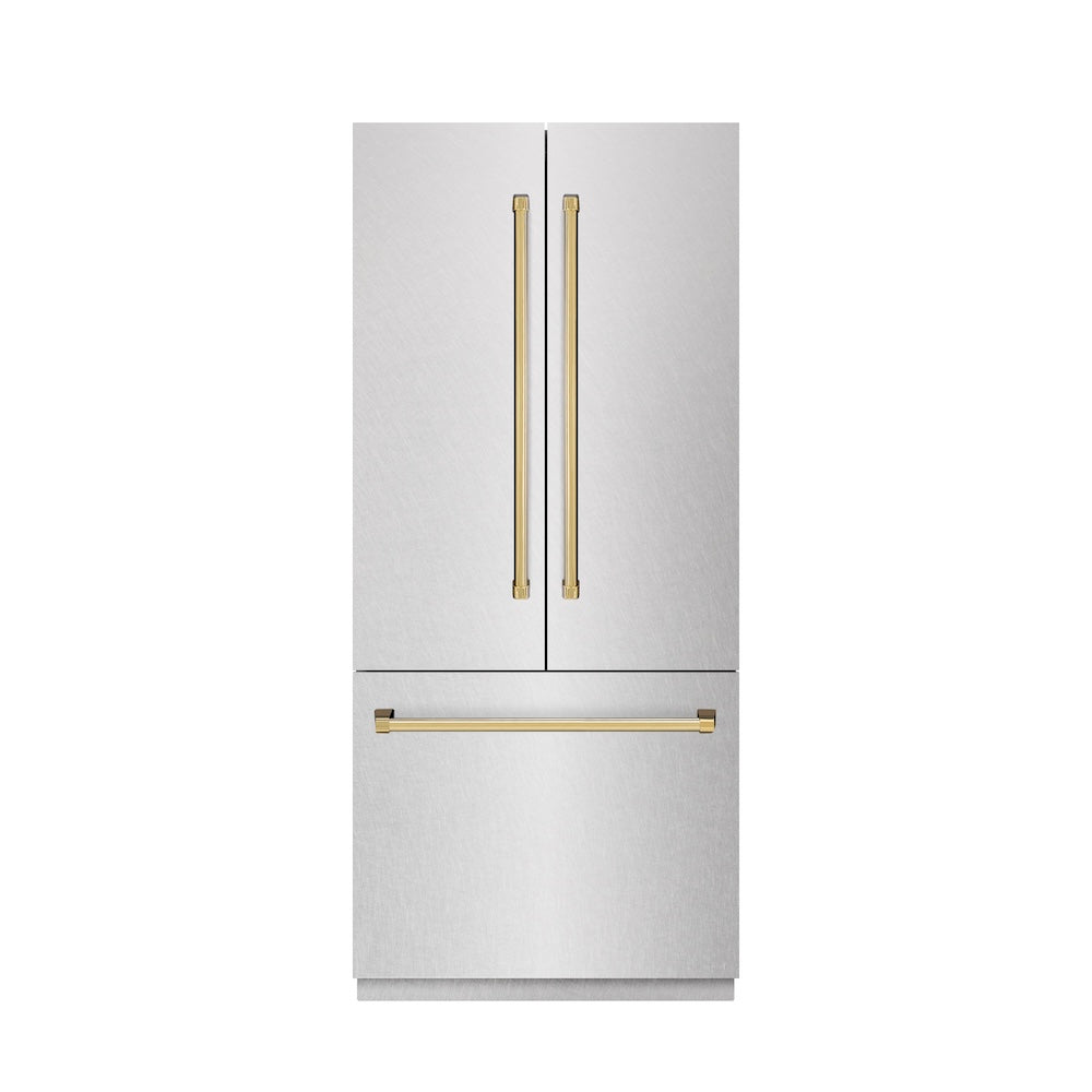 ZLINE Autograph Edition 36 in. 19.6 cu. ft. French Door Built-In Bottom Freezer Refrigerator with Water Dispenser and Ice Maker in DuraSnow® Stainless Steel with Graphite Gray Interior and Polished Gold Accents (GRBIVZ-SN-36-G) - (GRBIVZSN36G) -