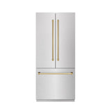 ZLINE Autograph Edition 36 in. 19.6 cu. ft. French Door Built-In Bottom Freezer Refrigerator with Water Dispenser and Ice Maker in DuraSnow® Stainless Steel with Graphite Gray Interior and Polished Gold Accents (GRBIVZ-SN-36-G) - (GRBIVZSN36G) -