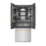 ZLINE Autograph Edition 36 in. 19.6 cu. ft. French Door Built-In Bottom Freezer Refrigerator with Water Dispenser and Ice Maker in DuraSnow® Stainless Steel with Graphite Gray Interior and Polished Gold Accents (GRBIVZ-SN-36-G) - (GRBIVZSN36G) -