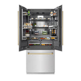 ZLINE Autograph Edition 36 in. 19.6 cu. ft. French Door Built-In Bottom Freezer Refrigerator with Water Dispenser and Ice Maker in DuraSnow® Stainless Steel with Graphite Gray Interior and Polished Gold Accents (GRBIVZ-SN-36-G) - (GRBIVZSN36G) -