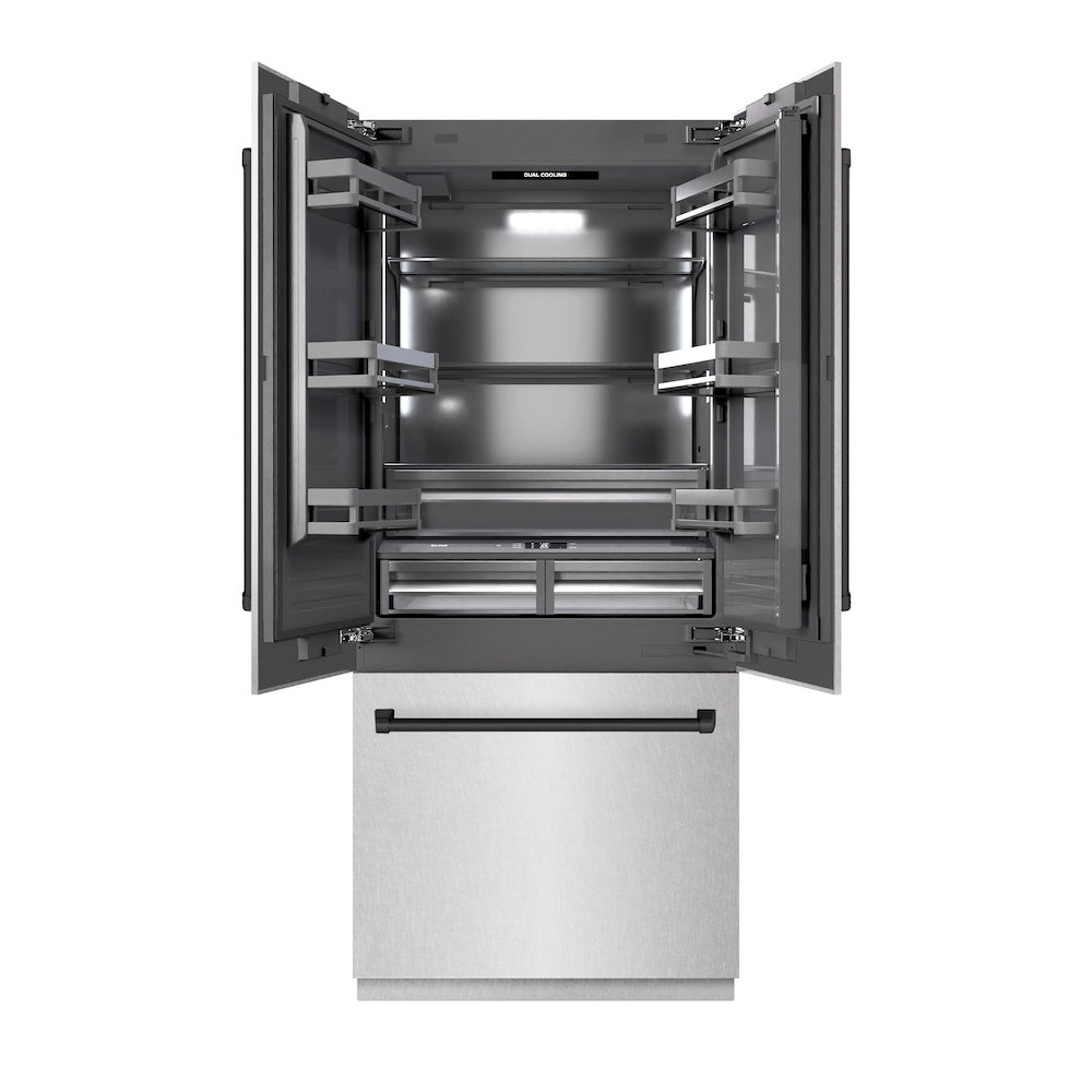 ZLINE Autograph Edition 36 in. 19.6 cu. ft. French Door Built-In Bottom Freezer Refrigerator with Water Dispenser and Ice Maker in DuraSnow® Stainless Steel with Graphite Gray Interior and Matte Black Accents (GRBIVZ-SN-36-MB) - (GRBIVZSN36MB) -