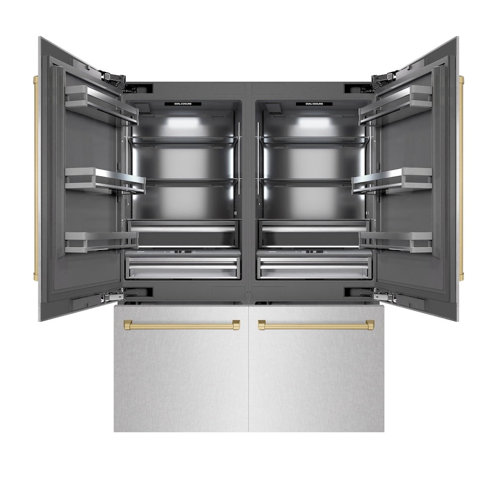 ZLINE Autograph Edition 60 in. 32.2 cu. ft. French Door Built-In Bottom Freezer Refrigerator with Water Dispenser and Ice Maker in DuraSnow® Stainless Steel with Graphite Gray Interior and Champagne Bronze Accents (GRBIVZ-SN-60-CB) - (GRBIVZSN60CB) -