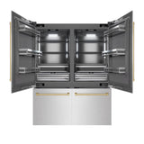 ZLINE Autograph Edition 60 in. 32.2 cu. ft. French Door Built-In Bottom Freezer Refrigerator with Water Dispenser and Ice Maker in DuraSnow® Stainless Steel with Graphite Gray Interior and Champagne Bronze Accents (GRBIVZ-SN-60-CB) - (GRBIVZSN60CB) -