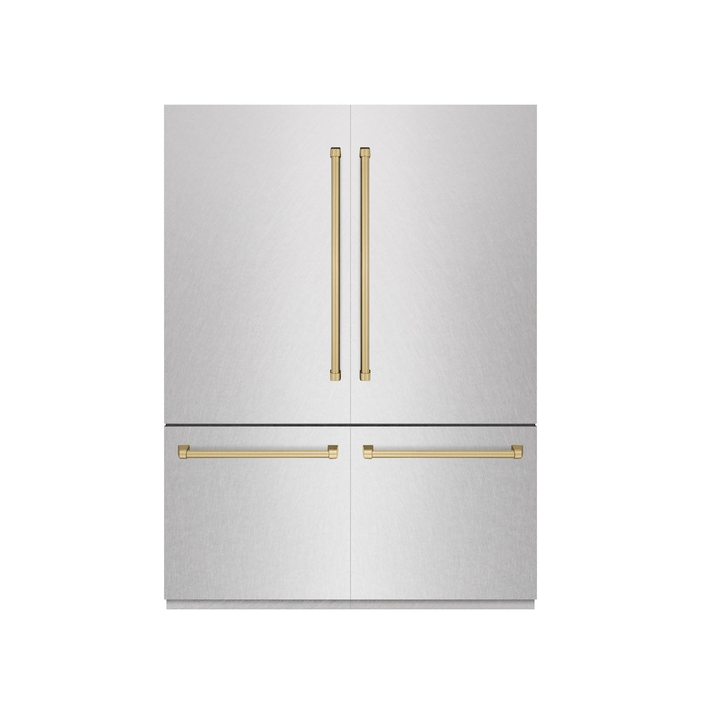 ZLINE Autograph Edition 60 in. 32.2 cu. ft. French Door Built-In Bottom Freezer Refrigerator with Water Dispenser and Ice Maker in DuraSnow® Stainless Steel with Graphite Gray Interior and Champagne Bronze Accents (GRBIVZ-SN-60-CB) - (GRBIVZSN60CB) -