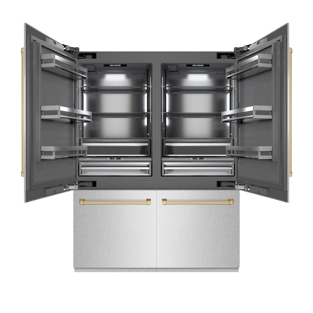 ZLINE Autograph Edition 60 in. 32.2 cu. ft. French Door Built-In Bottom Freezer Refrigerator with Water Dispenser and Ice Maker in DuraSnow® Stainless Steel with Graphite Gray Interior and Champagne Bronze Accents (GRBIVZ-SN-60-CB) - (GRBIVZSN60CB) -