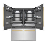 ZLINE Autograph Edition 60 in. 32.2 cu. ft. French Door Built-In Bottom Freezer Refrigerator with Water Dispenser and Ice Maker in DuraSnow® Stainless Steel with Graphite Gray Interior and Champagne Bronze Accents (GRBIVZ-SN-60-CB) - (GRBIVZSN60CB) -