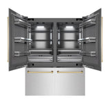 ZLINE Autograph Edition 60 in. 32.2 cu. ft. French Door Built-In Bottom Freezer Refrigerator with Water Dispenser and Ice Maker in DuraSnow® Stainless Steel with Graphite Gray Interior and Polished Gold Accents (GRBIVZ-SN-60-G) - (GRBIVZSN60G) -