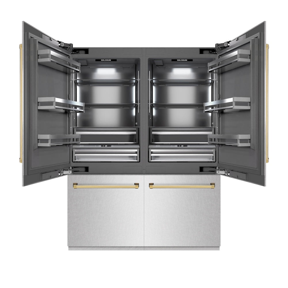 ZLINE Autograph Edition 60 in. 32.2 cu. ft. French Door Built-In Bottom Freezer Refrigerator with Water Dispenser and Ice Maker in DuraSnow® Stainless Steel with Graphite Gray Interior and Polished Gold Accents (GRBIVZ-SN-60-G) - (GRBIVZSN60G) -