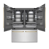 ZLINE Autograph Edition 60 in. 32.2 cu. ft. French Door Built-In Bottom Freezer Refrigerator with Water Dispenser and Ice Maker in DuraSnow® Stainless Steel with Graphite Gray Interior and Polished Gold Accents (GRBIVZ-SN-60-G) - (GRBIVZSN60G) -