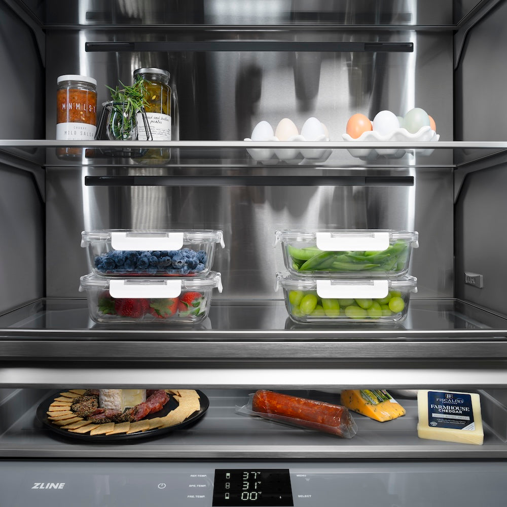 ZLINE Autograph Edition 60 in. 32.2 cu. ft. French Door Built-In Bottom Freezer Refrigerator with Water Dispenser and Ice Maker in DuraSnow® Stainless Steel with Graphite Gray Interior and Polished Gold Accents (GRBIVZ-SN-60-G) - (GRBIVZSN60G) -