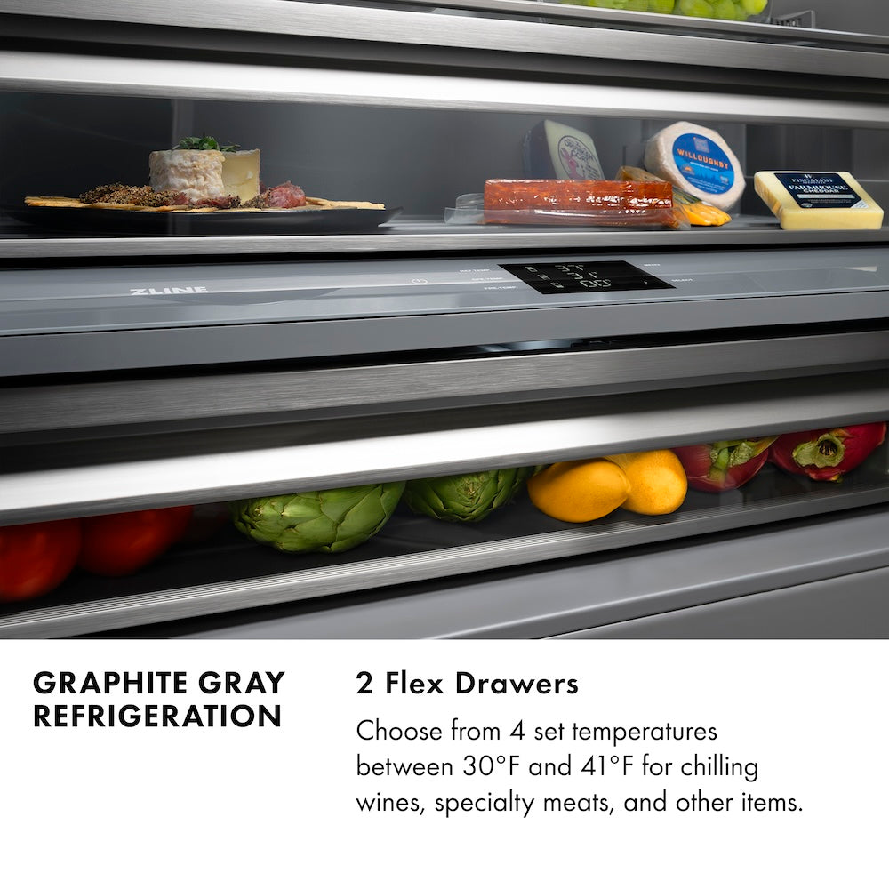 ZLINE Autograph Edition 60 in. 32.2 cu. ft. French Door Built-In Bottom Freezer Refrigerator with Water Dispenser and Ice Maker in DuraSnow® Stainless Steel with Graphite Gray Interior and Polished Gold Accents (GRBIVZ-SN-60-G) - (GRBIVZSN60G) -