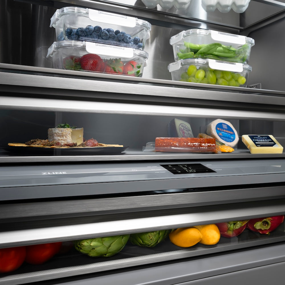ZLINE Autograph Edition 60 in. 32.2 cu. ft. French Door Built-In Bottom Freezer Refrigerator with Water Dispenser and Ice Maker in DuraSnow® Stainless Steel with Graphite Gray Interior and Matte Black Accents (GRBIVZ-SN-60-MB) - (GRBIVZSN60MB) -