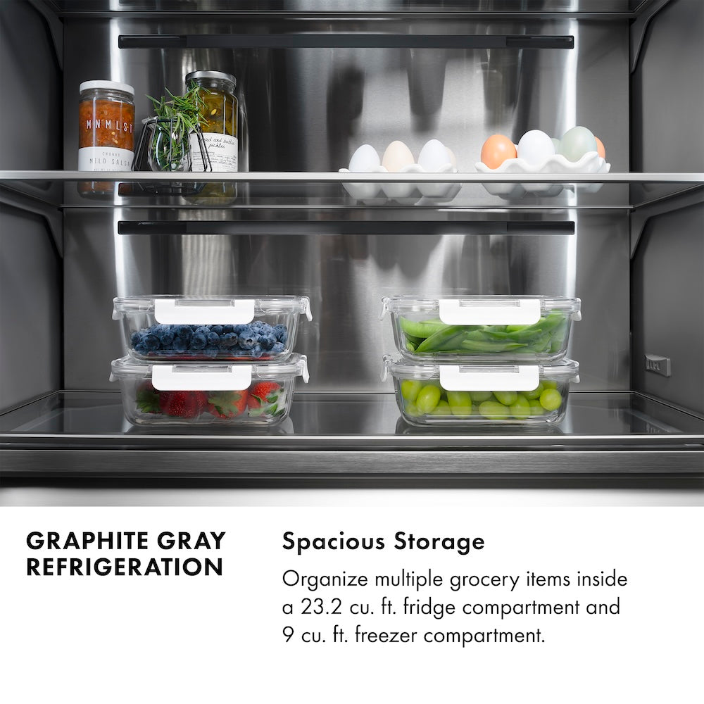 ZLINE Autograph Edition 60 in. 32.2 cu. ft. French Door Built-In Bottom Freezer Refrigerator with Water Dispenser and Ice Maker in DuraSnow® Stainless Steel with Graphite Gray Interior and Matte Black Accents (GRBIVZ-SN-60-MB) - (GRBIVZSN60MB) -