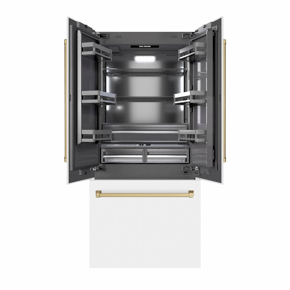 ZLINE Autograph Edition 36 in. 19.6 cu. ft. French Door Built-In Bottom Freezer Refrigerator with Water Dispenser and Ice Maker in White Matte with Graphite Gray Interior and Champagne Bronze Accents (GRBIVZ-WM-36-CB) - (GRBIVZWM36CB) -
