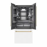 ZLINE Autograph Edition 36 in. 19.6 cu. ft. French Door Built-In Bottom Freezer Refrigerator with Water Dispenser and Ice Maker in White Matte with Graphite Gray Interior and Champagne Bronze Accents (GRBIVZ-WM-36-CB) - (GRBIVZWM36CB) -