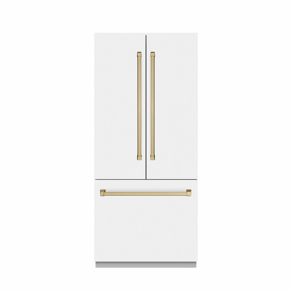 ZLINE Autograph Edition 36 in. 19.6 cu. ft. French Door Built-In Bottom Freezer Refrigerator with Water Dispenser and Ice Maker in White Matte with Graphite Gray Interior and Champagne Bronze Accents (GRBIVZ-WM-36-CB) - (GRBIVZWM36CB) -