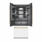 ZLINE Autograph Edition 36 in. 19.6 cu. ft. French Door Built-In Bottom Freezer Refrigerator with Water Dispenser and Ice Maker in White Matte with Graphite Gray Interior and Champagne Bronze Accents (GRBIVZ-WM-36-CB) - (GRBIVZWM36CB) -