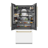 ZLINE Autograph Edition 36 in. 19.6 cu. ft. French Door Built-In Bottom Freezer Refrigerator with Water Dispenser and Ice Maker in White Matte with Graphite Gray Interior and Champagne Bronze Accents (GRBIVZ-WM-36-CB) - (GRBIVZWM36CB) -