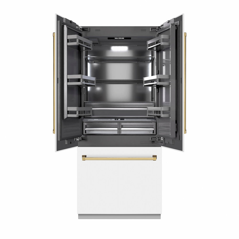 ZLINE Autograph Edition 36 in. 19.6 cu. ft. French Door Built-In Bottom Freezer Refrigerator with Water Dispenser and Ice Maker in White Matte with Graphite Gray Interior and Polished Gold Accents (GRBIVZ-WM-36-G) - (GRBIVZWM36G) -