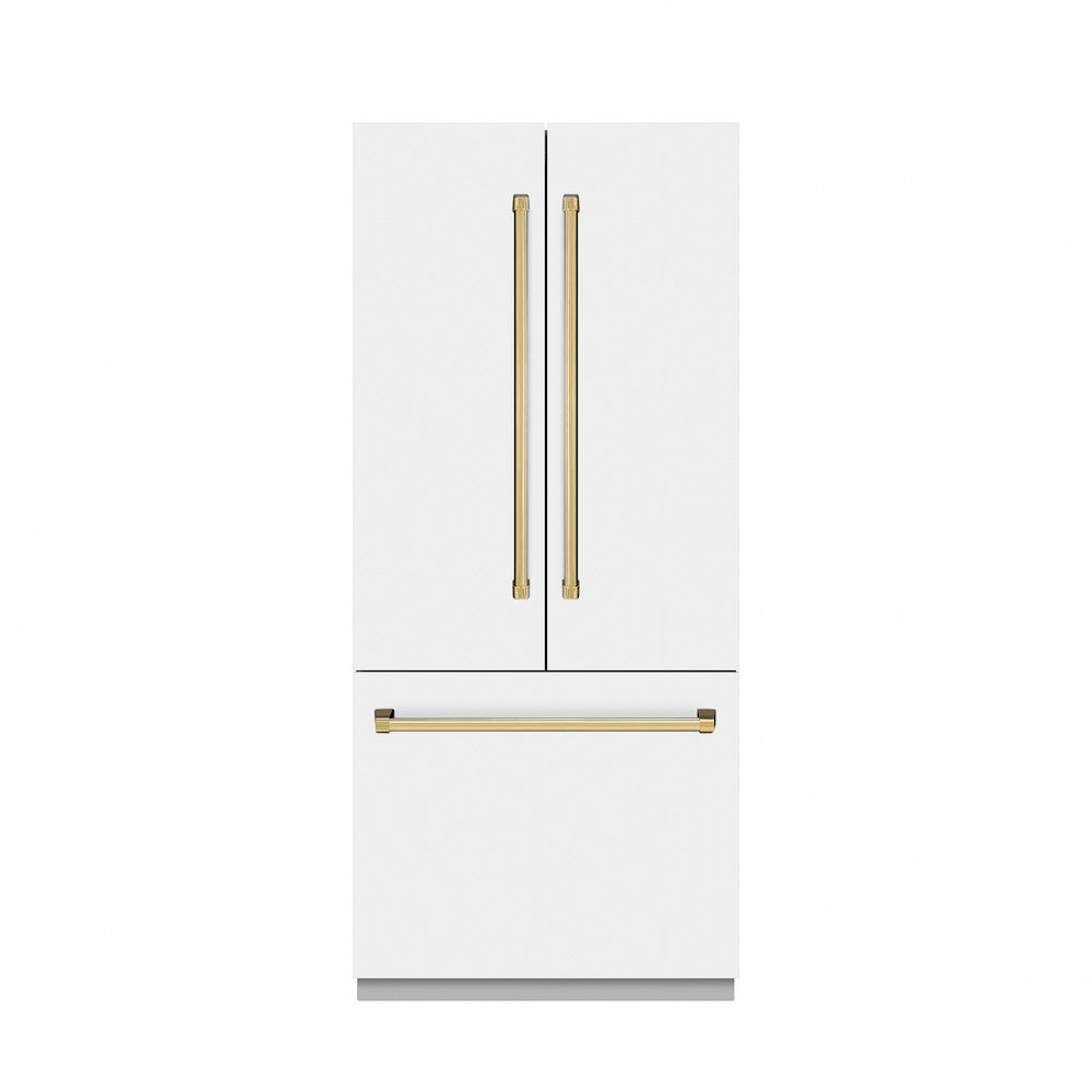 ZLINE Autograph Edition 36 in. 19.6 cu. ft. French Door Built-In Bottom Freezer Refrigerator with Water Dispenser and Ice Maker in White Matte with Graphite Gray Interior and Polished Gold Accents (GRBIVZ-WM-36-G) - (GRBIVZWM36G) -