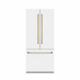 ZLINE Autograph Edition 36 in. 19.6 cu. ft. French Door Built-In Bottom Freezer Refrigerator with Water Dispenser and Ice Maker in White Matte with Graphite Gray Interior and Polished Gold Accents (GRBIVZ-WM-36-G) - (GRBIVZWM36G) -