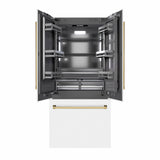 ZLINE Autograph Edition 36 in. 19.6 cu. ft. French Door Built-In Bottom Freezer Refrigerator with Water Dispenser and Ice Maker in White Matte with Graphite Gray Interior and Polished Gold Accents (GRBIVZ-WM-36-G) - (GRBIVZWM36G) -