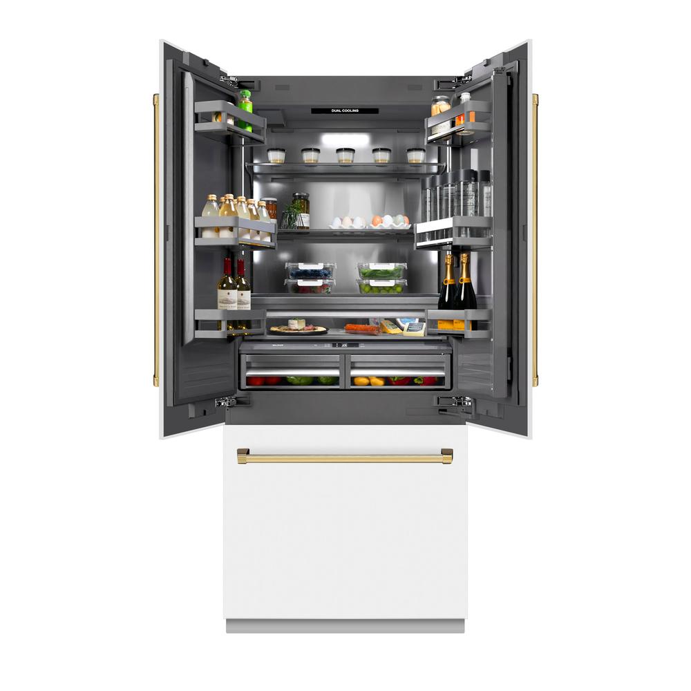 ZLINE Autograph Edition 36 in. 19.6 cu. ft. French Door Built-In Bottom Freezer Refrigerator with Water Dispenser and Ice Maker in White Matte with Graphite Gray Interior and Polished Gold Accents (GRBIVZ-WM-36-G) - (GRBIVZWM36G) -
