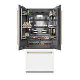 ZLINE Autograph Edition 36 in. 19.6 cu. ft. French Door Built-In Bottom Freezer Refrigerator with Water Dispenser and Ice Maker in White Matte with Graphite Gray Interior and Polished Gold Accents (GRBIVZ-WM-36-G) - (GRBIVZWM36G) -