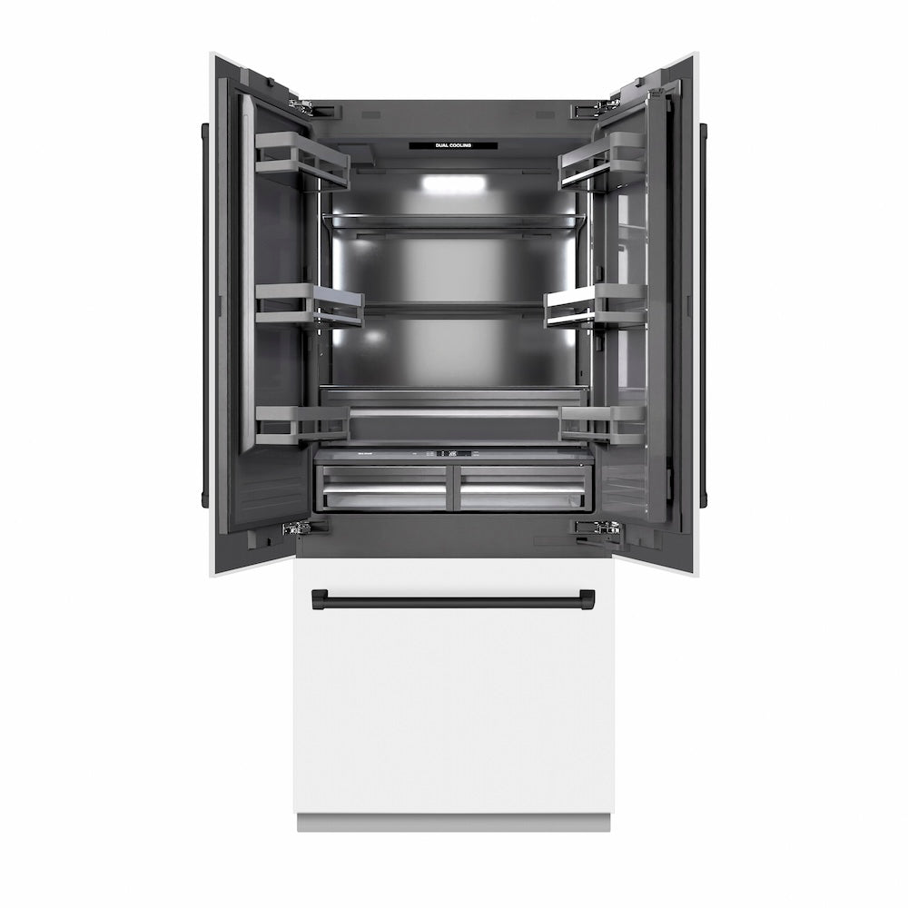 ZLINE Autograph Edition 36 in. 19.6 cu. ft. French Door Built-In Bottom Freezer Refrigerator with Water Dispenser and Ice Maker in White Matte with Graphite Gray Interior and Matte Black Accents (GRBIVZ-WM-36-MB) - (GRBIVZWM36MB) -