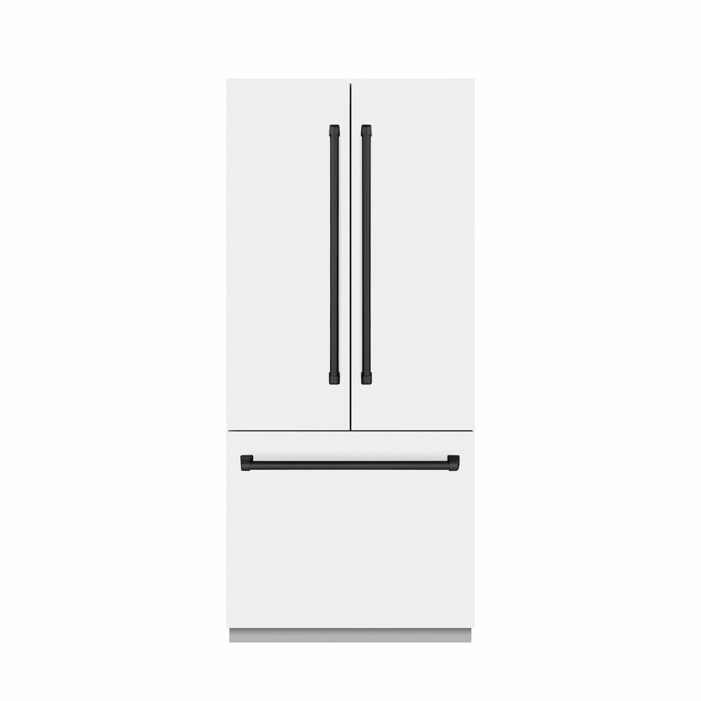 ZLINE Autograph Edition 36 in. 19.6 cu. ft. French Door Built-In Bottom Freezer Refrigerator with Water Dispenser and Ice Maker in White Matte with Graphite Gray Interior and Matte Black Accents (GRBIVZ-WM-36-MB) - (GRBIVZWM36MB) -