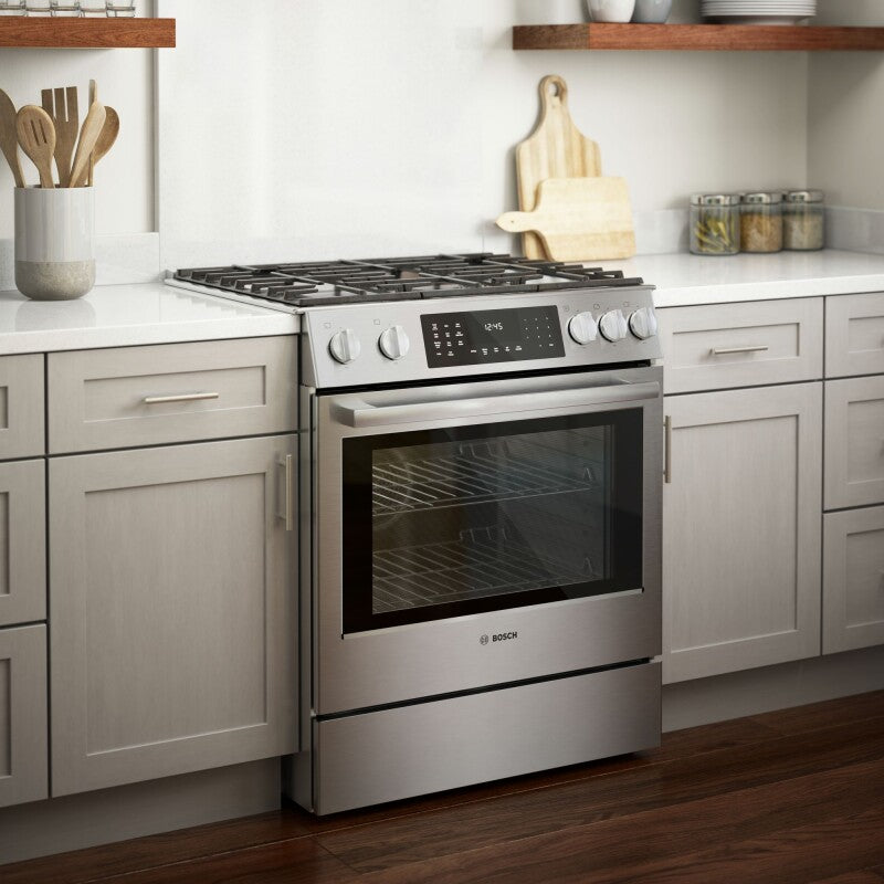 800 Series Dual Fuel Slide-in Range 30" Stainless Steel - (HDI8056U) - BOSCH