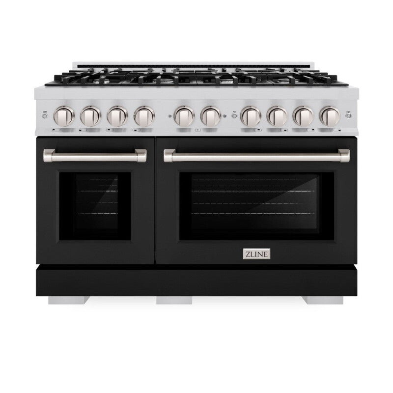 ZLINE 48 in. 6.7 cu. ft. Select Double Oven Dual Fuel Range with 8 Burner Gas Cooktop in Stainless Steel with Black Matte Doors (HDR-BLM-48) - (HDRBLM48) -