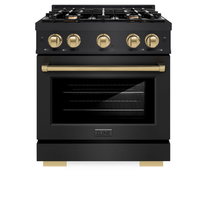 ZLINE Autograph Edition 30 in. 4.2 cu. ft. Select Dual Fuel Range with 4 Burner Gas Cooktop and Electric Convection Oven in Black Stainless Steel with Champagne Bronze Accents (HDRBZ-30-CB) - (HDRBZ30CB) -