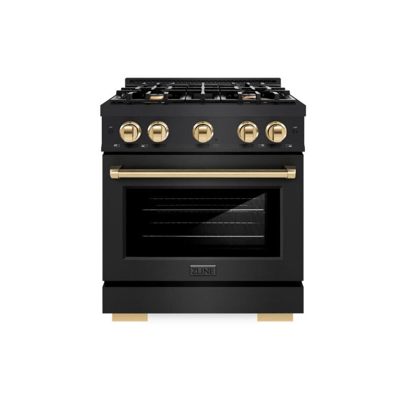 ZLINE Autograph Edition 30 in. 4.2 cu. ft. Select Dual Fuel Range with 4 Burner Gas Cooktop and Electric Convection Oven in Black Stainless Steel with Polished Gold Accents (HDRBZ-30-G) - (HDRBZ30G) -