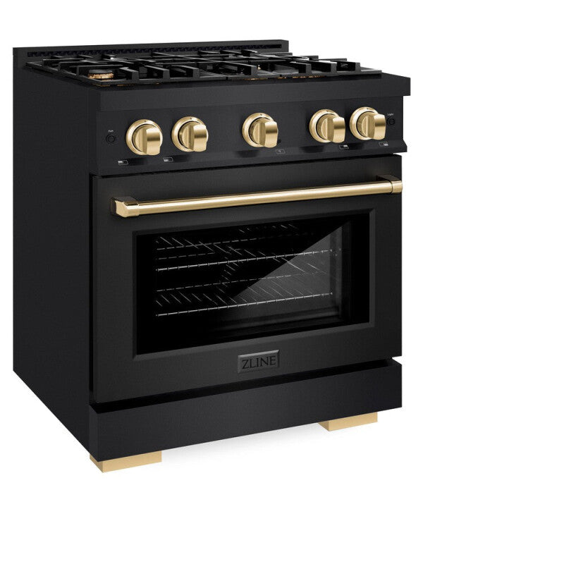 ZLINE Autograph Edition 30 in. 4.2 cu. ft. Select Dual Fuel Range with 4 Burner Gas Cooktop and Electric Convection Oven in Black Stainless Steel with Polished Gold Accents (HDRBZ-30-G) - (HDRBZ30G) -