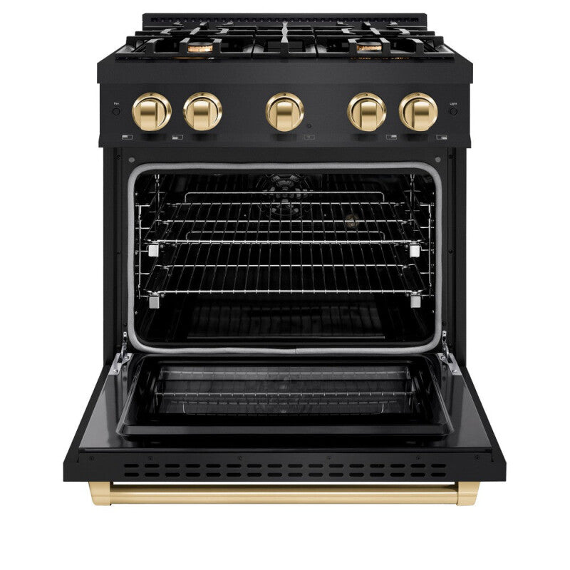 ZLINE Autograph Edition 30 in. 4.2 cu. ft. Select Dual Fuel Range with 4 Burner Gas Cooktop and Electric Convection Oven in Black Stainless Steel with Polished Gold Accents (HDRBZ-30-G) - (HDRBZ30G) -