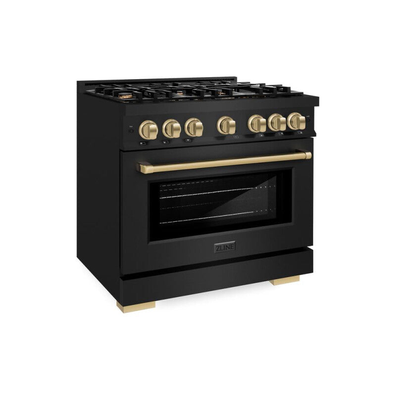 ZLINE Autograph Edition 36 in. 5.2 cu. ft. Select Dual Fuel Range with 6 Burner Gas Cooktop and Electric Convection Oven in Black Stainless Steel with Champagne Bronze Accents (HDRBZ-36-CB) - (HDRBZ36CB) -