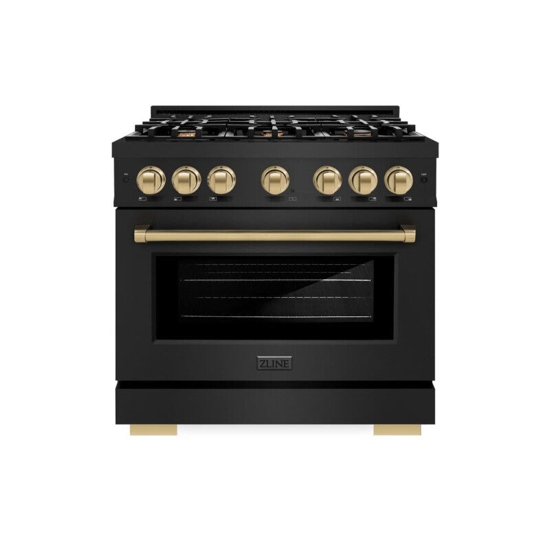 ZLINE Autograph Edition 36 in. 5.2 cu. ft. Select Dual Fuel Range with 6 Burner Gas Cooktop and Electric Convection Oven in Black Stainless Steel with Champagne Bronze Accents (HDRBZ-36-CB) - (HDRBZ36CB) -