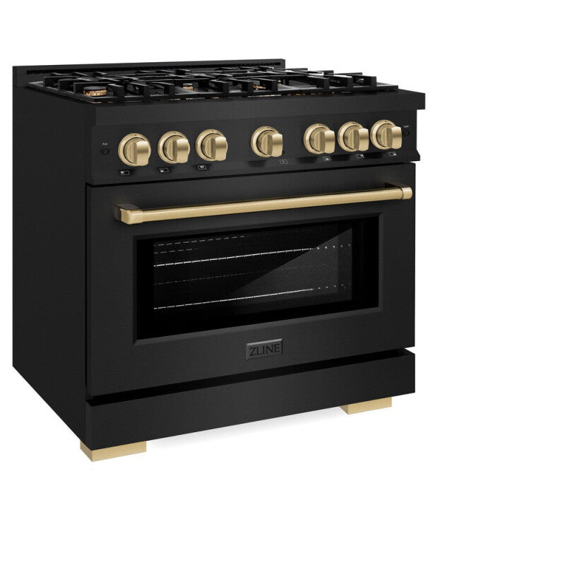 ZLINE Autograph Edition 36 in. 5.2 cu. ft. Select Dual Fuel Range with 6 Burner Gas Cooktop and Electric Convection Oven in Black Stainless Steel with Champagne Bronze Accents (HDRBZ-36-CB) - (HDRBZ36CB) -