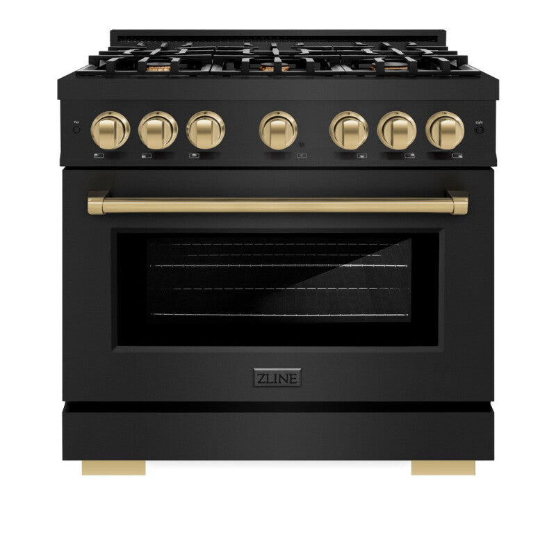 ZLINE Autograph Edition 36 in. 5.2 cu. ft. Select Dual Fuel Range with 6 Burner Gas Cooktop and Electric Convection Oven in Black Stainless Steel with Champagne Bronze Accents (HDRBZ-36-CB) - (HDRBZ36CB) -